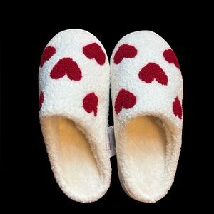 Cozy White Slippers with Red Heart Pattern